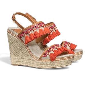 Tory Burch Vibrant Orange and Tan Espadrille Wedges Sandals